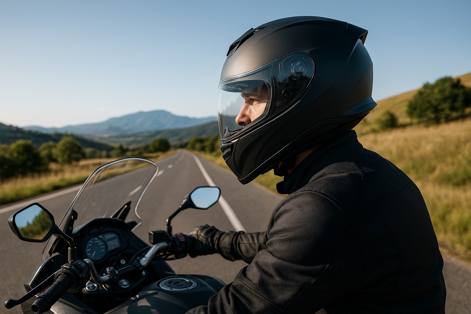 Motorista con casco integral touring en carretera