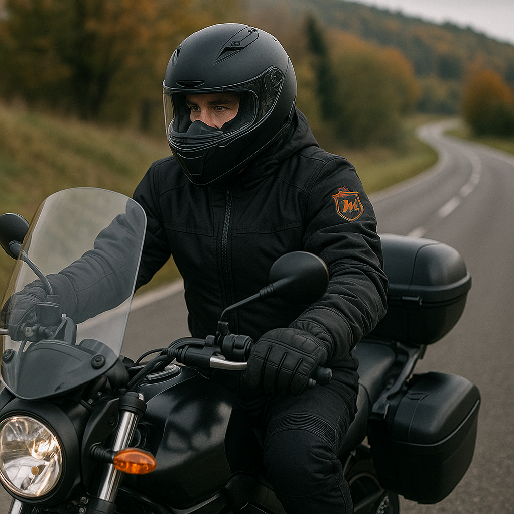 Motociclista con guantes de invierno circulando en día frío